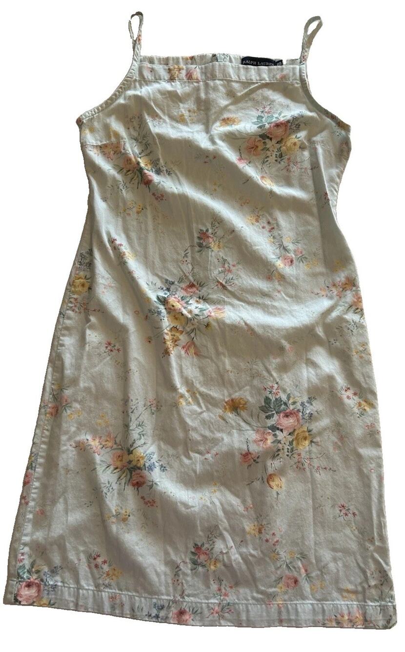 Vintage Ralph Lauren Floral Pale Green Pink Cotton Fitted Sun Dress Girls Sz 16